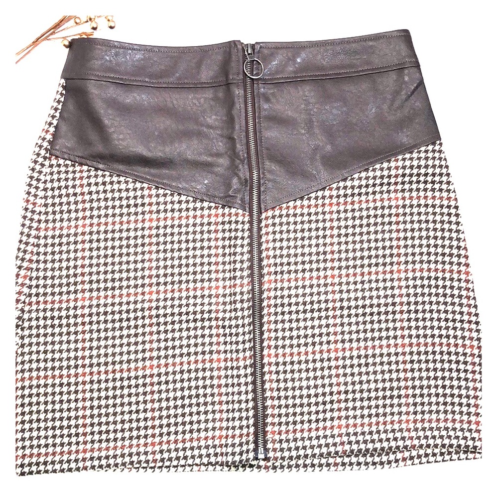 High Waisted Faux Leather Wool Blend Plaid Skirt